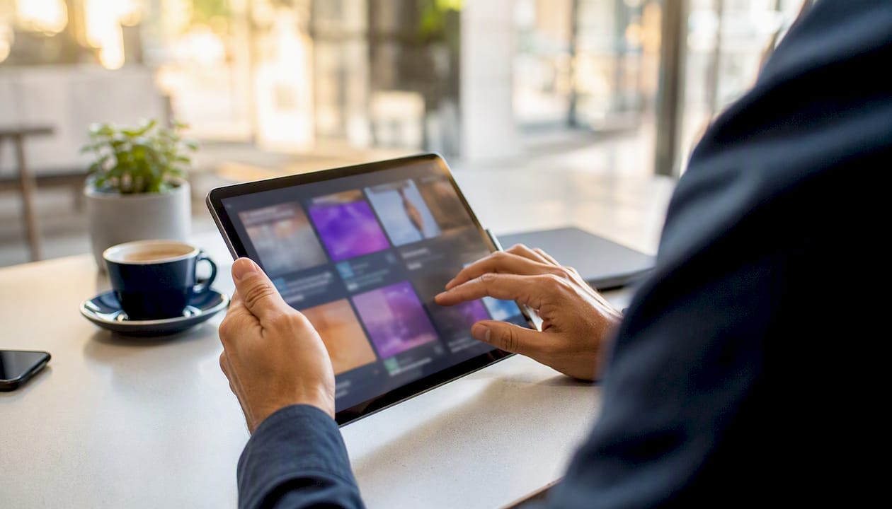 Hands browsing design templates on tablet