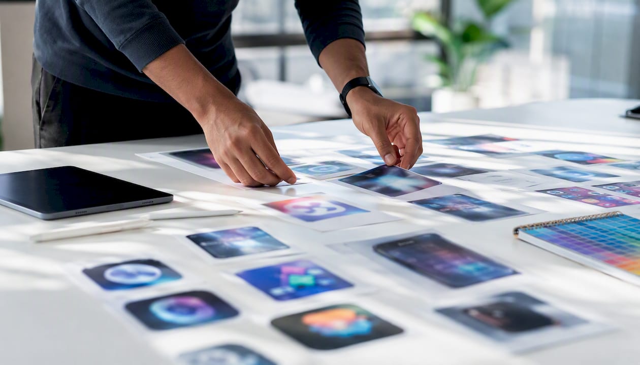 Designer arranging app icon and graphic samples
