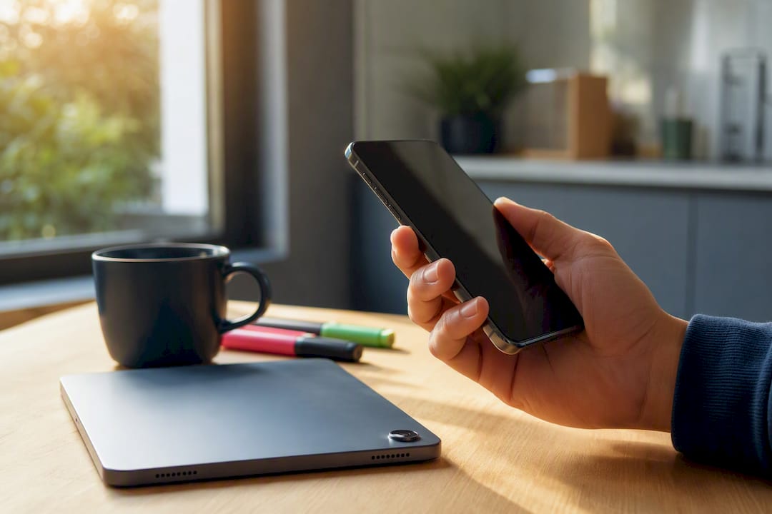 Hand holding smartphone reviewing app listing
