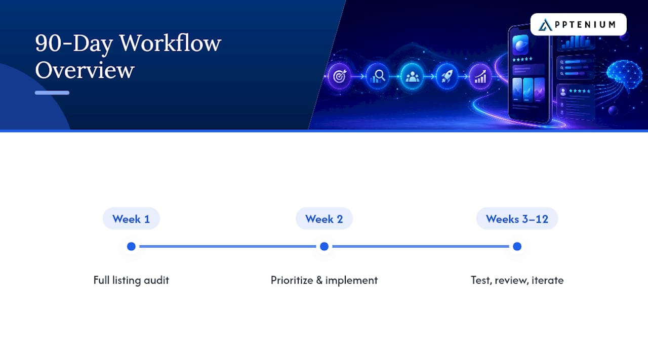 Three-phase ninety-day ASO workflow timeline