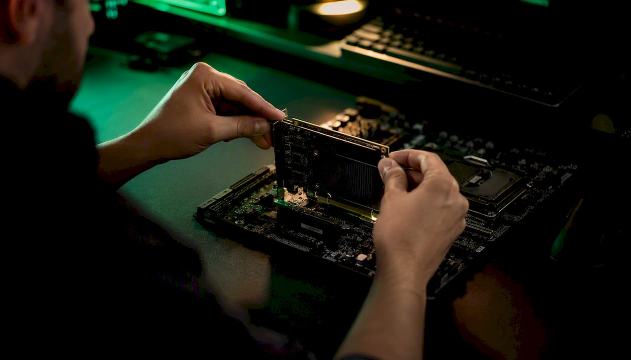 Hands inserting DMA cheat hardware into motherboard