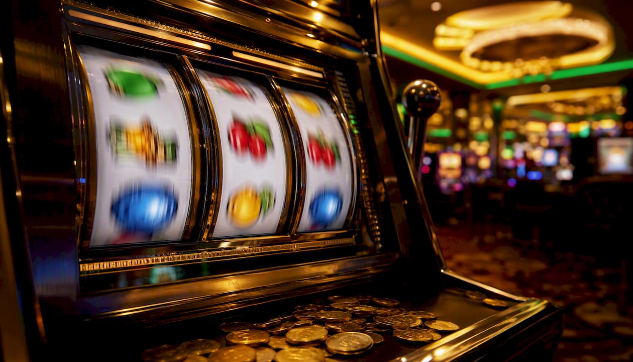 Spinning slot machine reels in casino