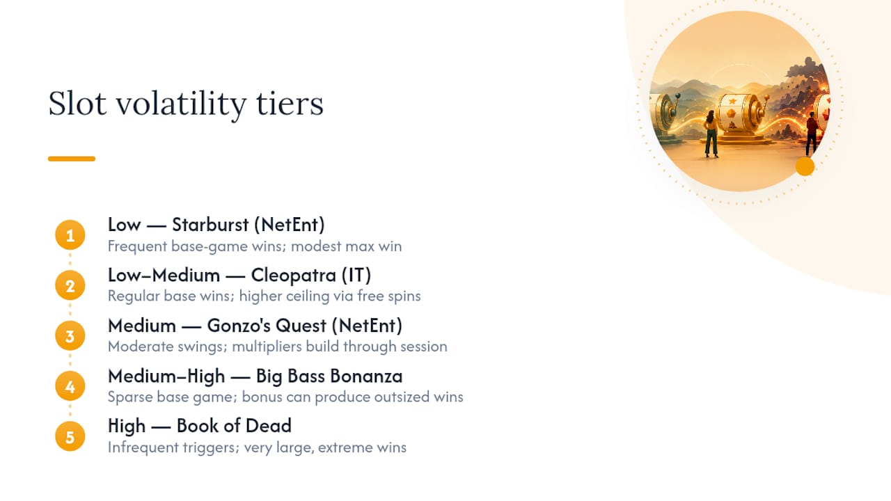 Diagram showing slot volatility tiers with hit frequency and max-win data