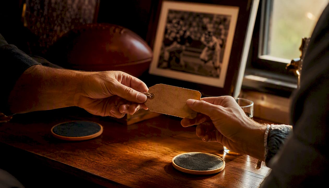 Hands exchanging fantasy football name tag
