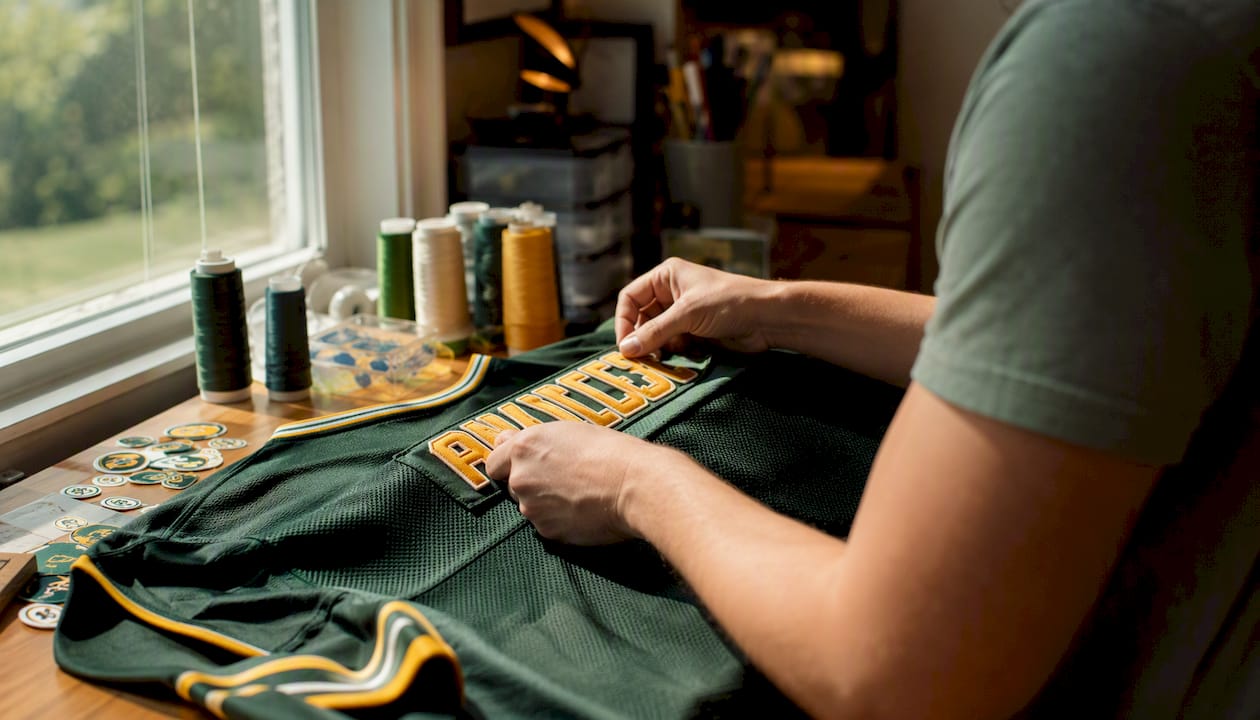 Hand stitching Packers fantasy football name tag