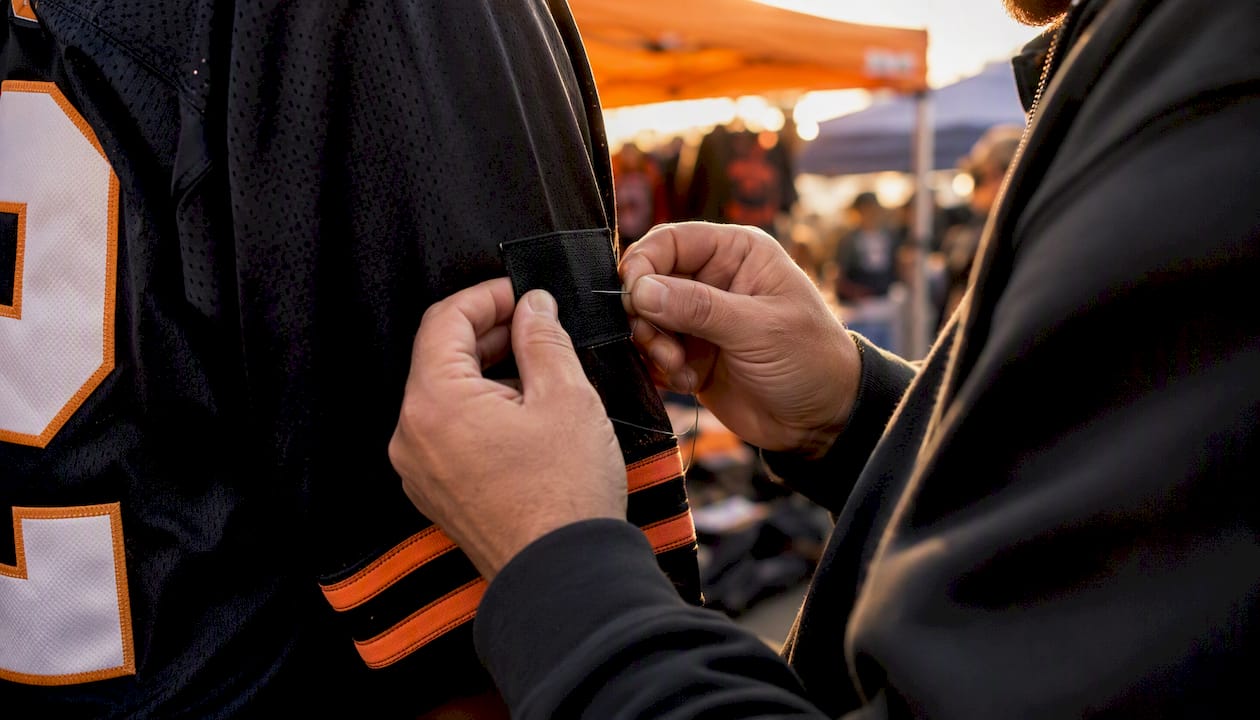 Hands attaching fantasy football team name tag on jersey