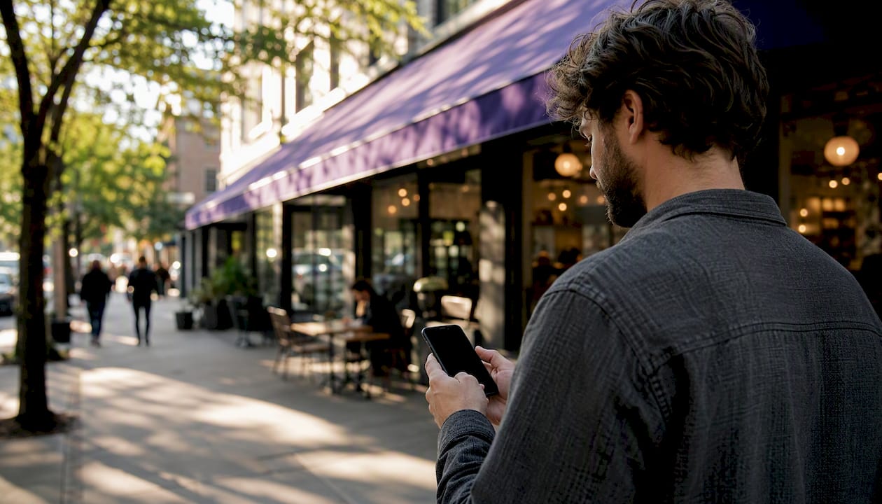 Small business owner with phone outside cafe