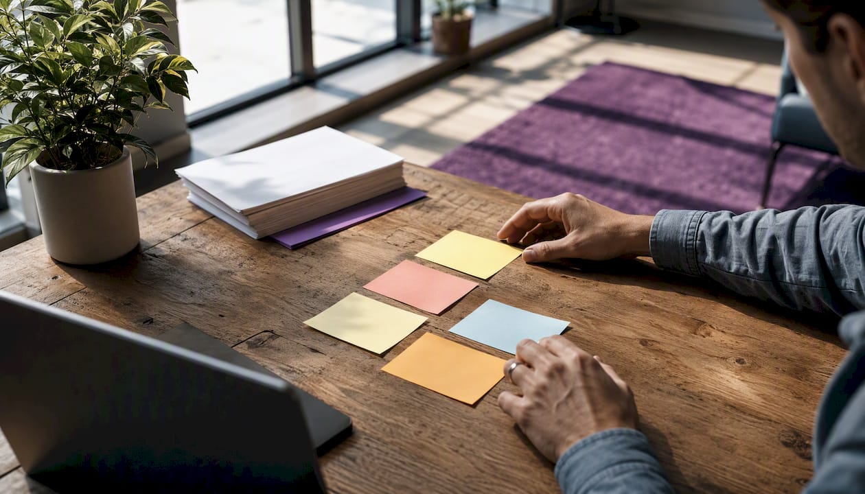 Hands manually organizing citation cards on a desk