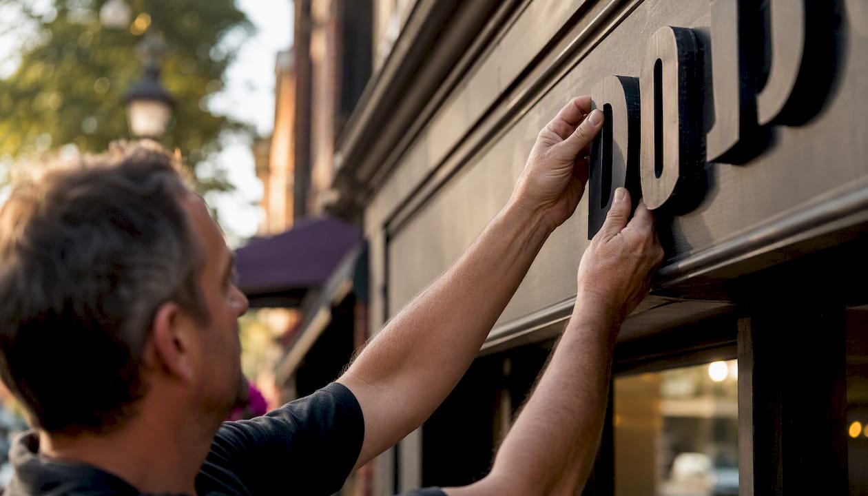 Hands adjusting outdoor business sign letters