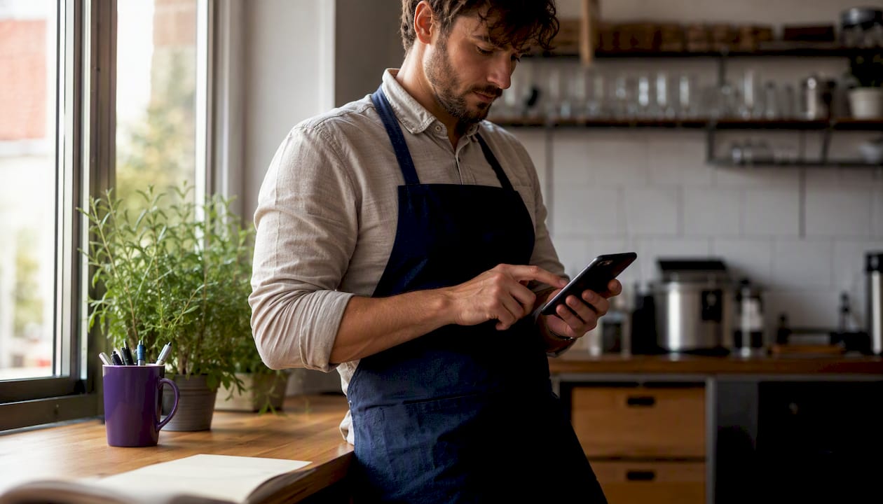 Hands updating business address on smartphone