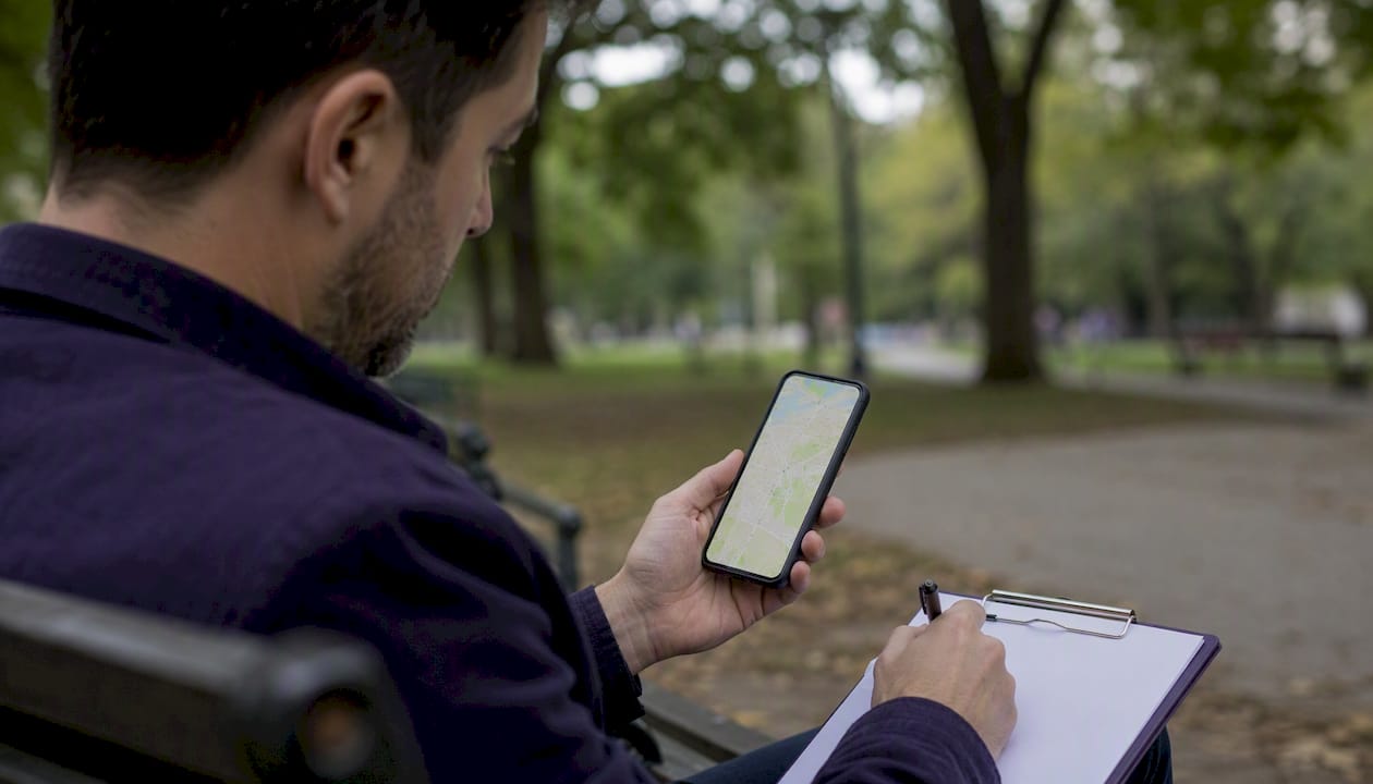 Hands with phone and clipboard on street