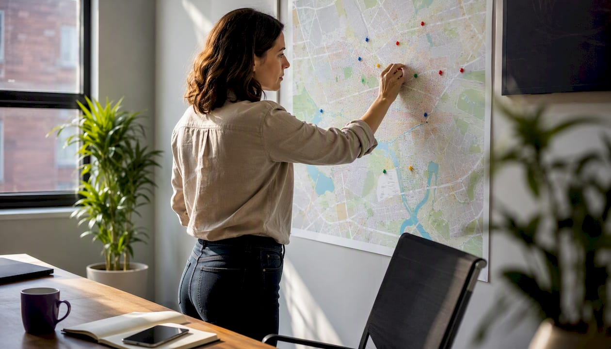 Hands pinning map in business office