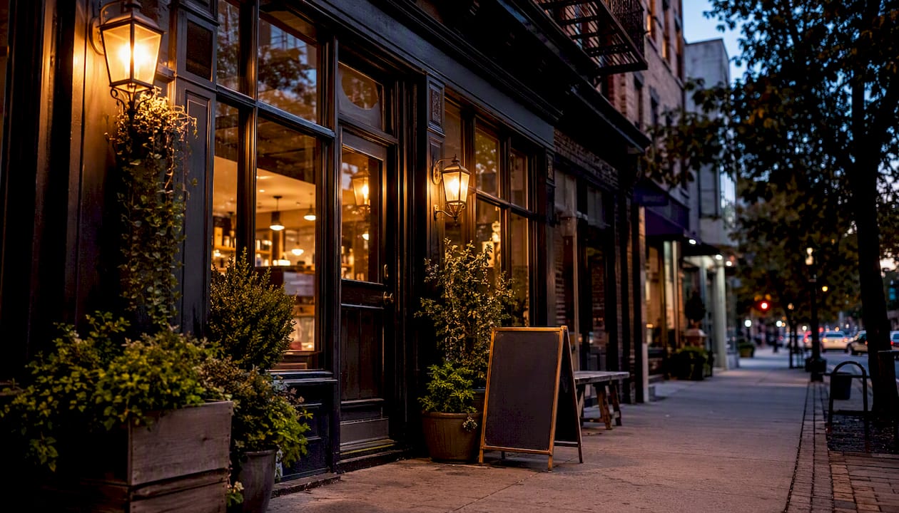 Coffee shop storefront at dusk