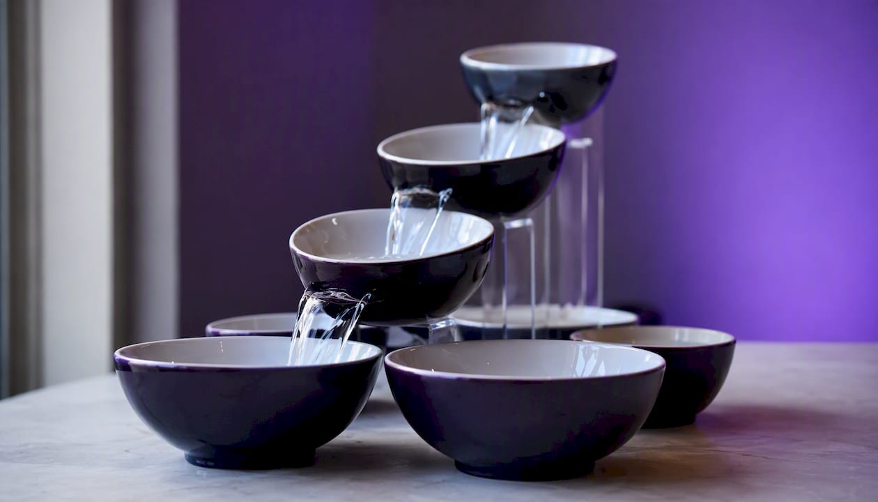 Glass bowls cascading water flow concept