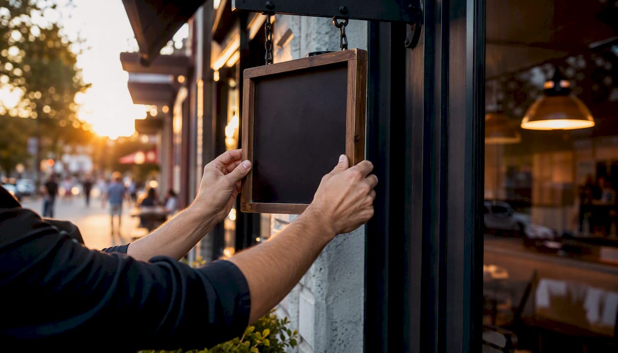 Hands adjusting store number plate