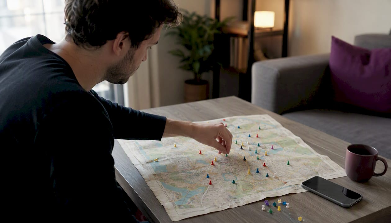Hands placing pins on service area map