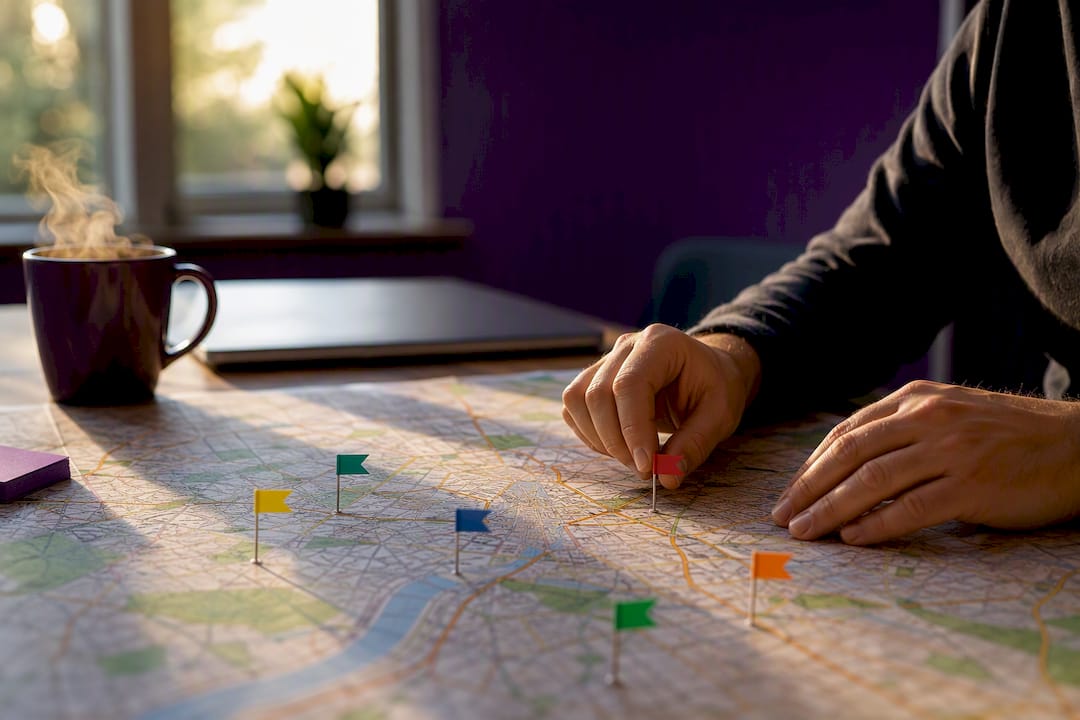 Hands placing pins on a local area map