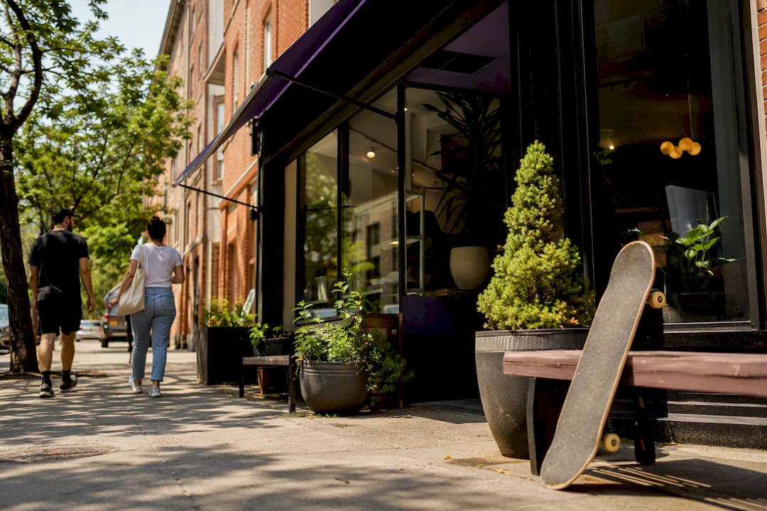 Urban local business storefront at golden hour