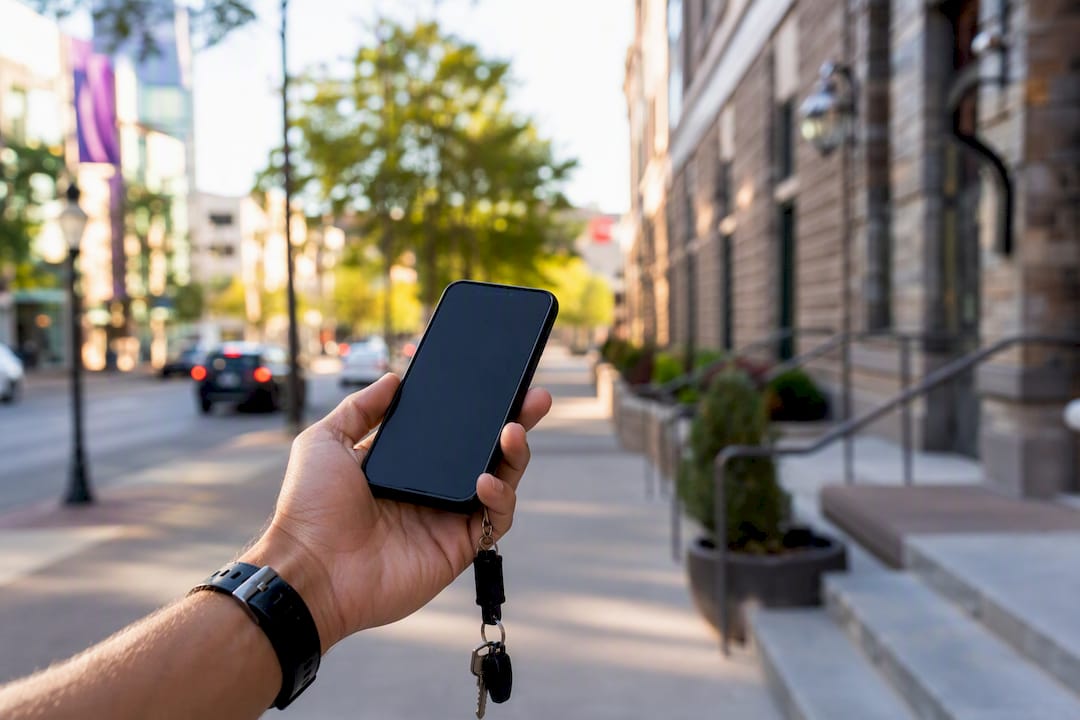 Hand holding smartphone checking directions outdoors