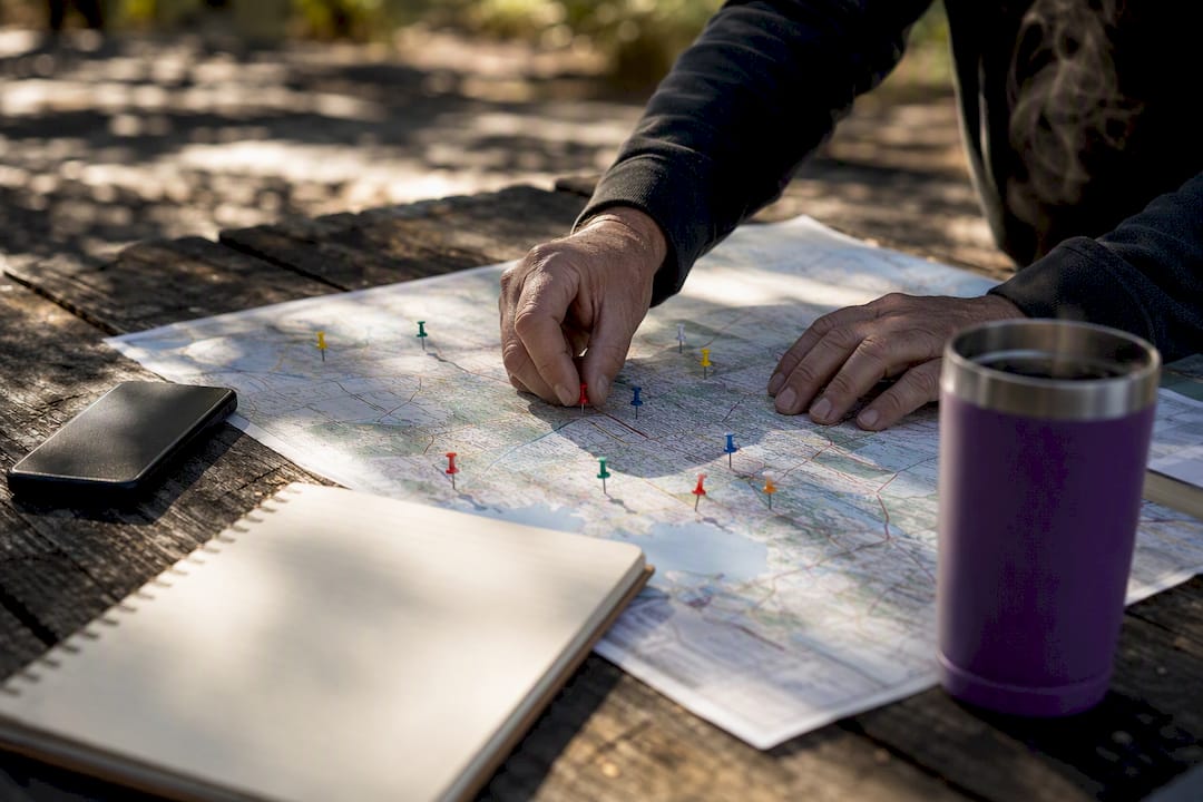 Hands placing pins on local map