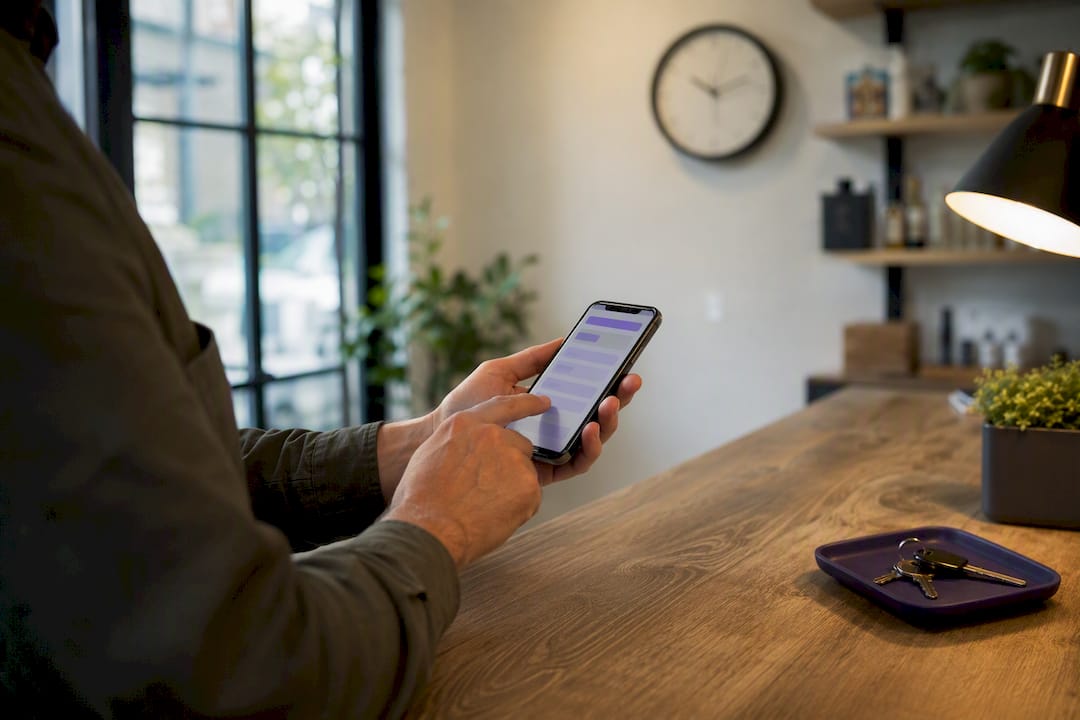 Owner verifying business hours on phone