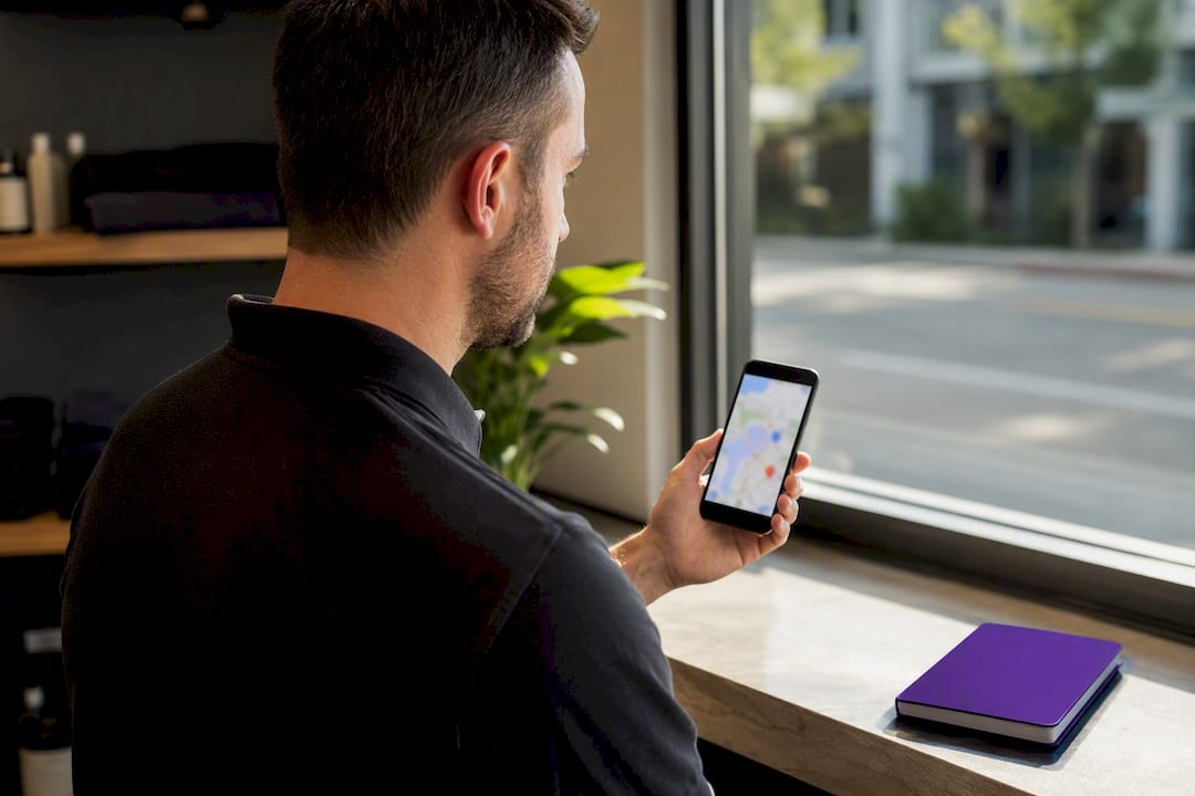 Owner checking local map results on phone