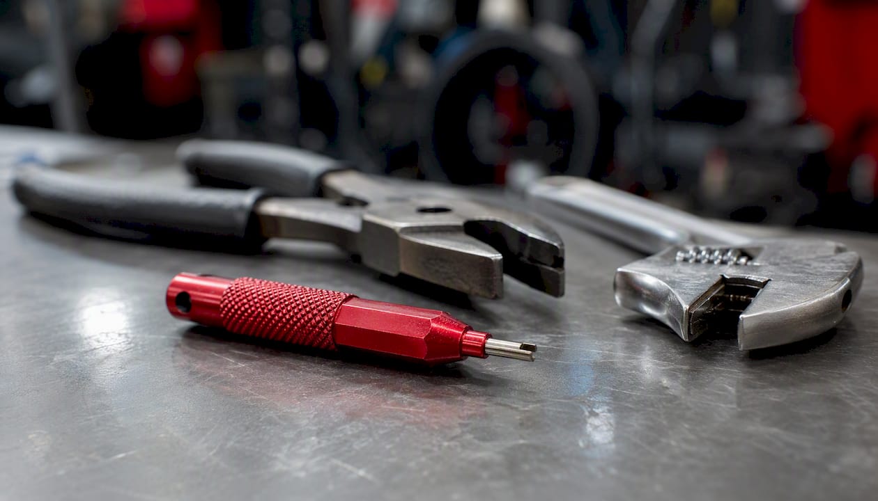 Close-up of cycling valve core remover and related tools