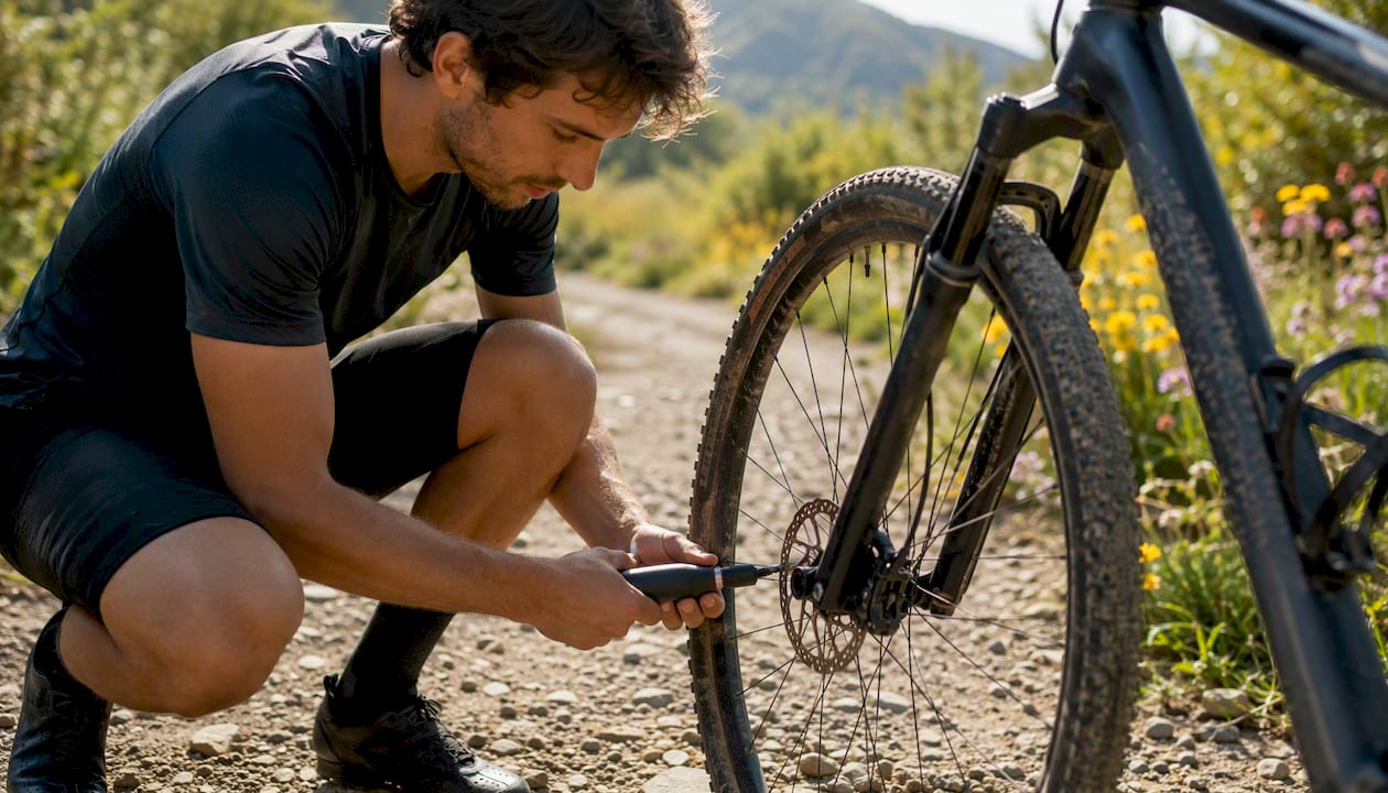 Cyclist pumping bicycle tire outdoors