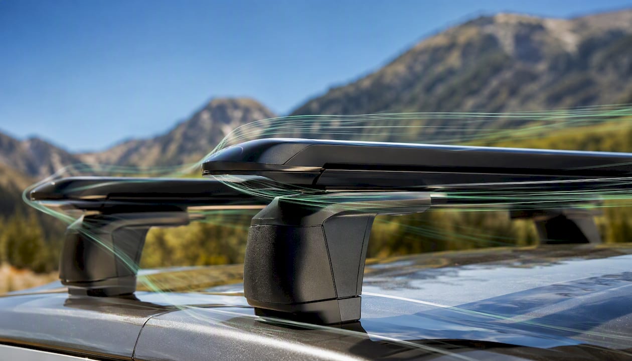 Car roof rack with airflow patterns causing wind noise