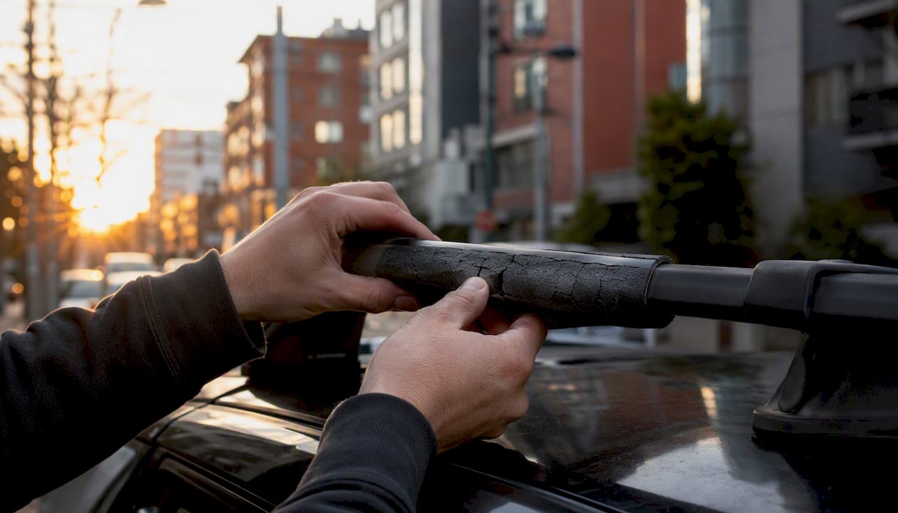 Hands fitting worn foam insulation on roof rack bar