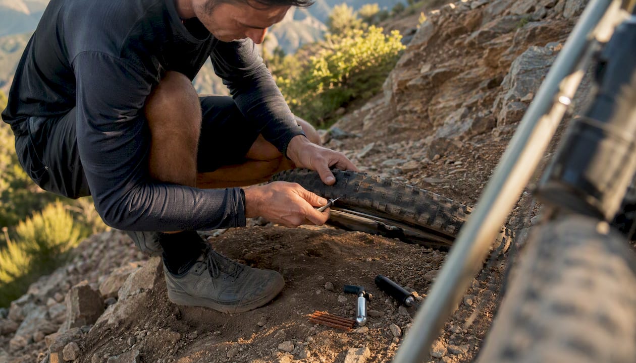 Hands inserting plug into tubeless bike tire outdoors