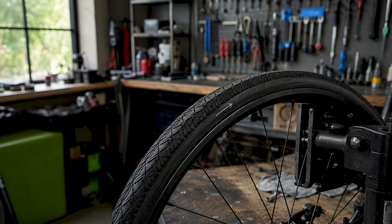 Close-up bike tire tread with rotation arrow