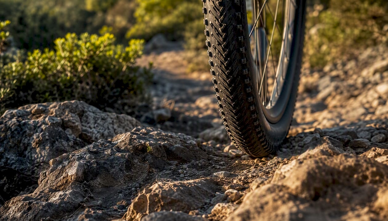 Gravel bike tire on rocky trail surface