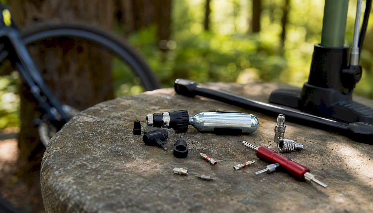 Bicycle valve maintenance tools on workbench