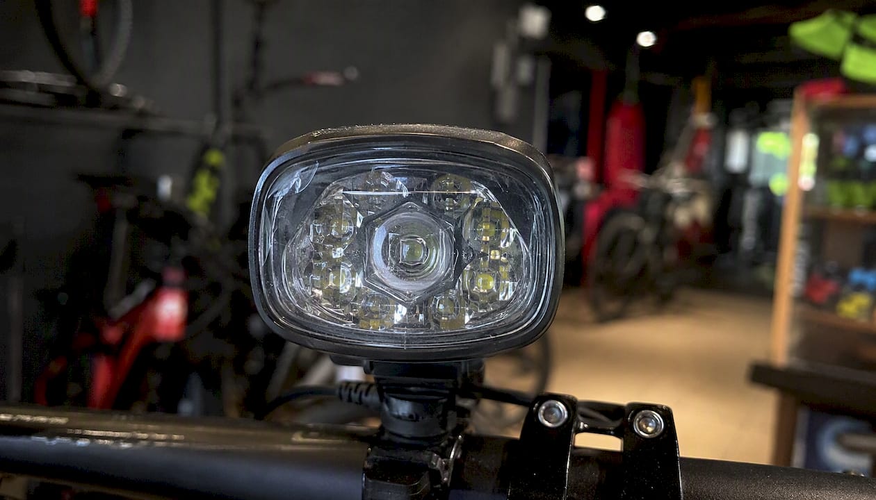 Close-up of bike light lens and LED optics