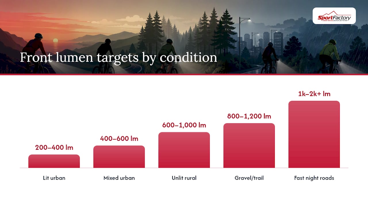 Visual comparison of bike light lumen ranges by riding condition