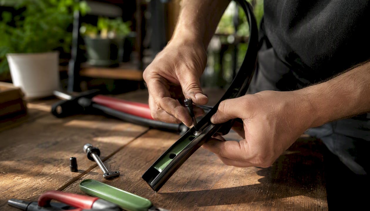 Hands installing tubeless valve in bike rim