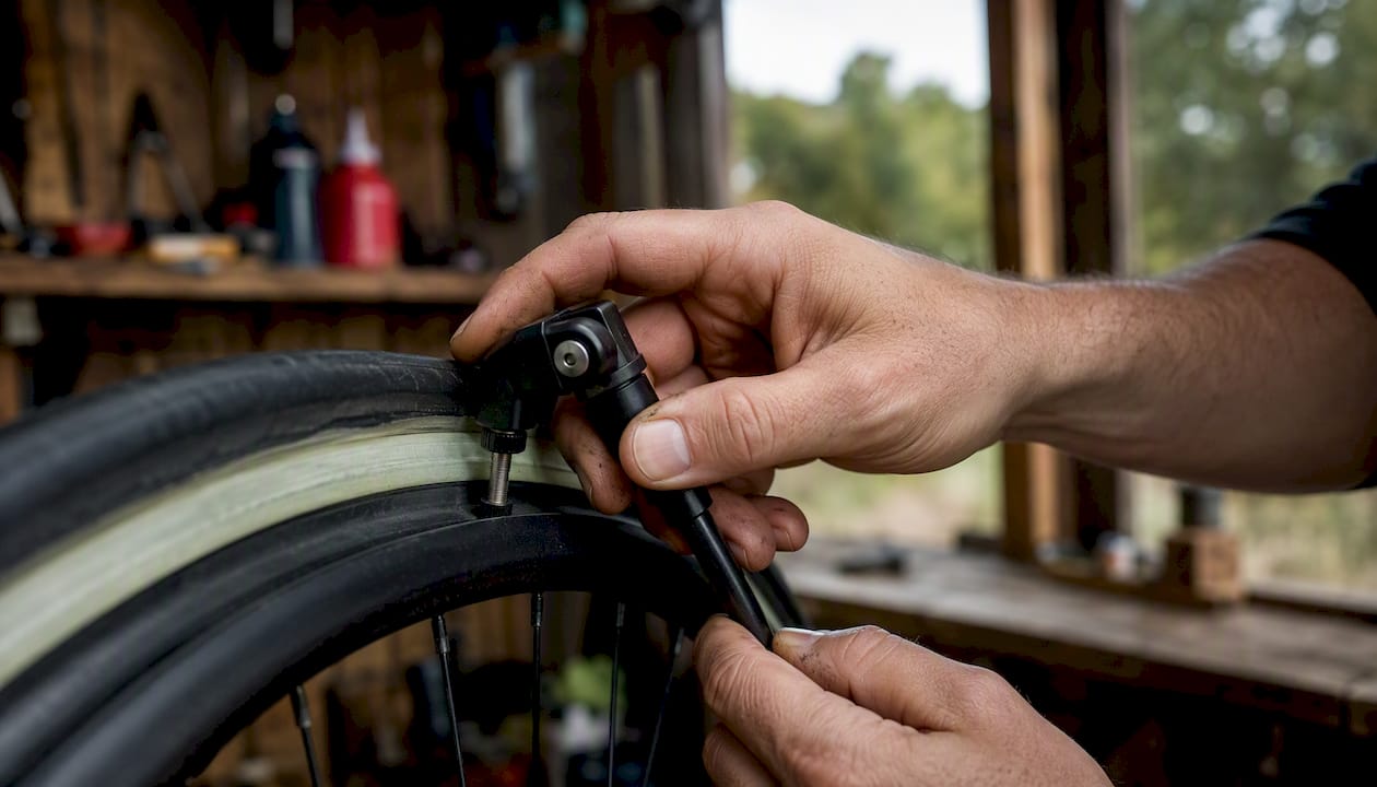 Hands attaching pump head to tubeless valve