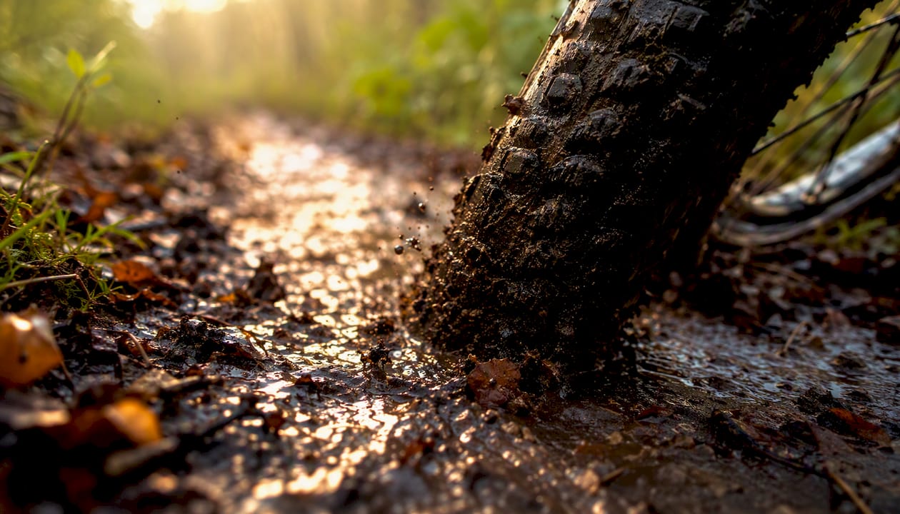 Directional tire tread gripping wet muddy trail