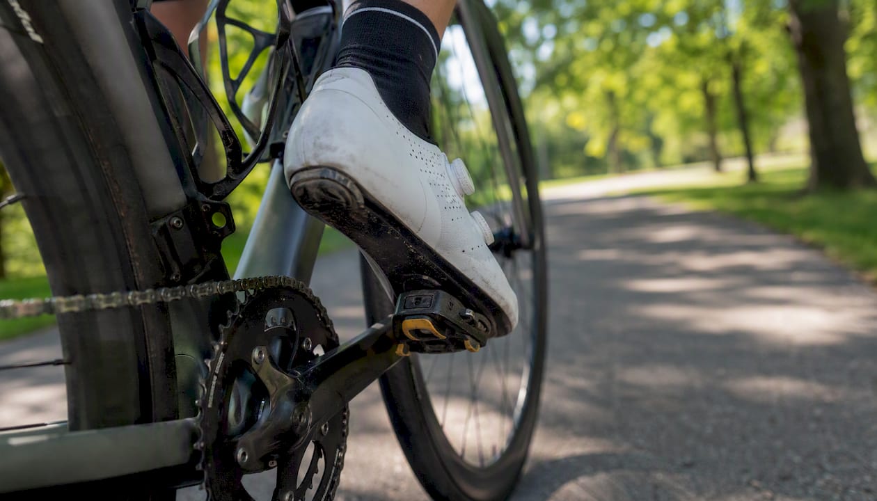 Close-up of bike pedal and cleat stack