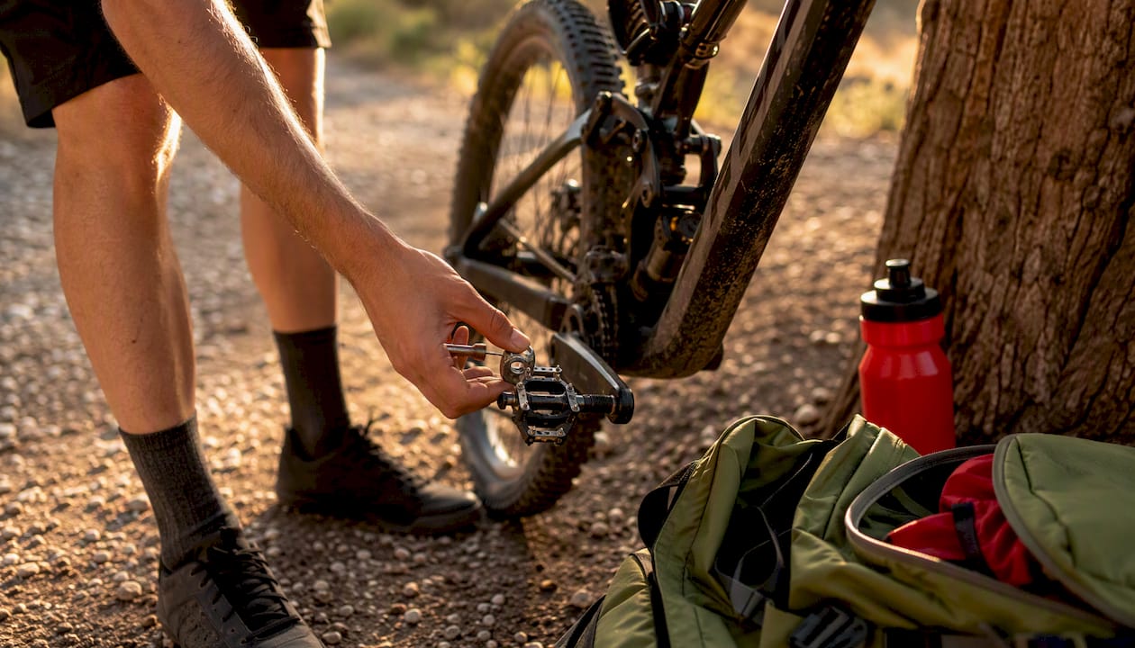 Cyclist adjusting pedal spacer for Q-factor