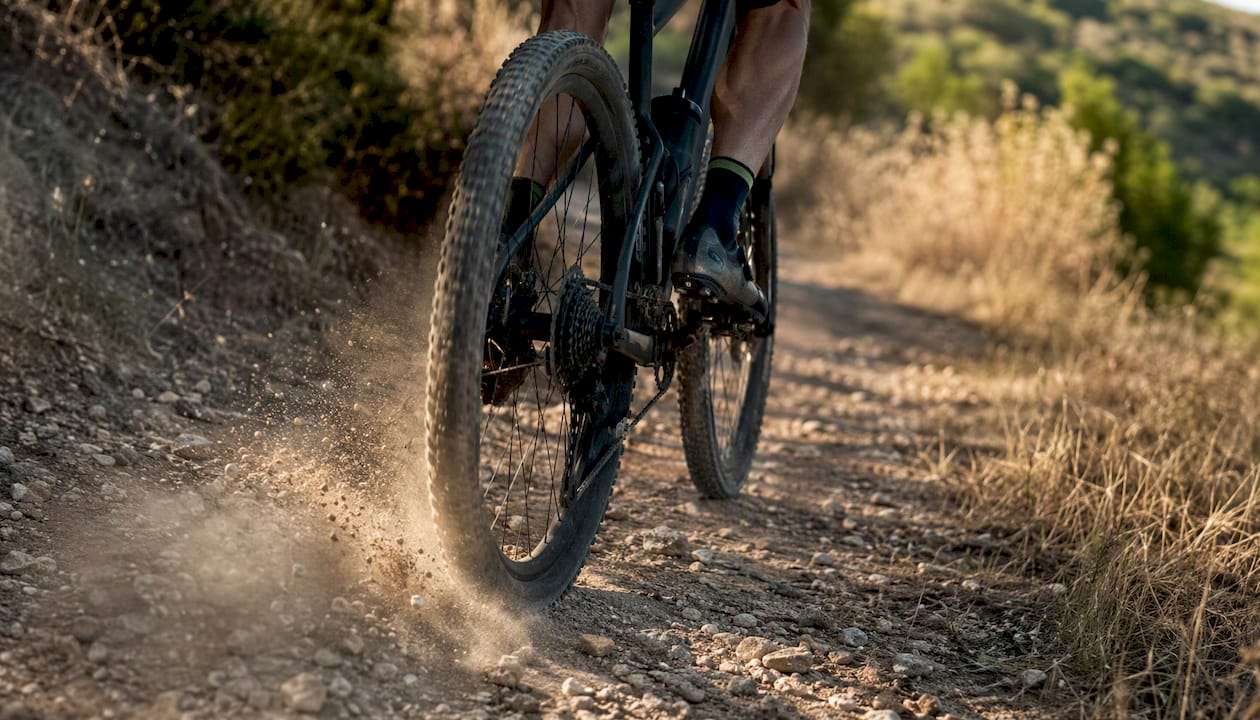 Cyclist on gravel trail absorbing terrain