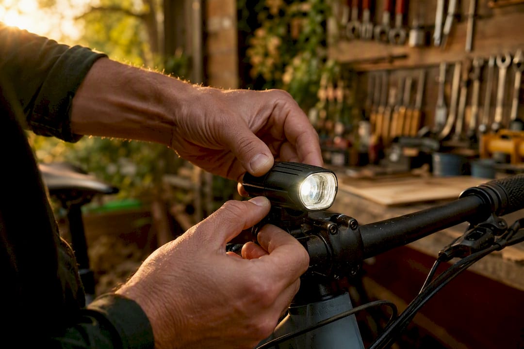 Hands aiming bike light on handlebar mount