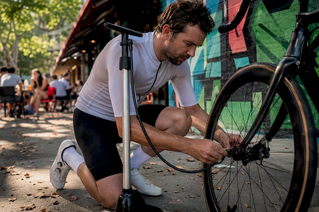 Hands inflating tubeless road bike tire outdoors