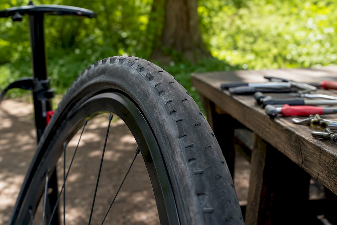 Close-up of tire mounted on bike rim