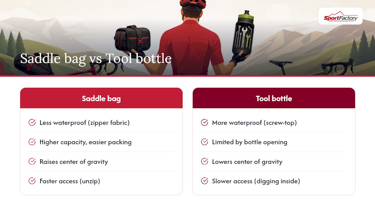 Comparison diagram of saddle bag versus tool bottle features