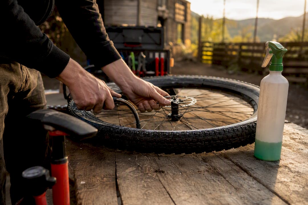 Hands inflating tubeless tire bead on rim