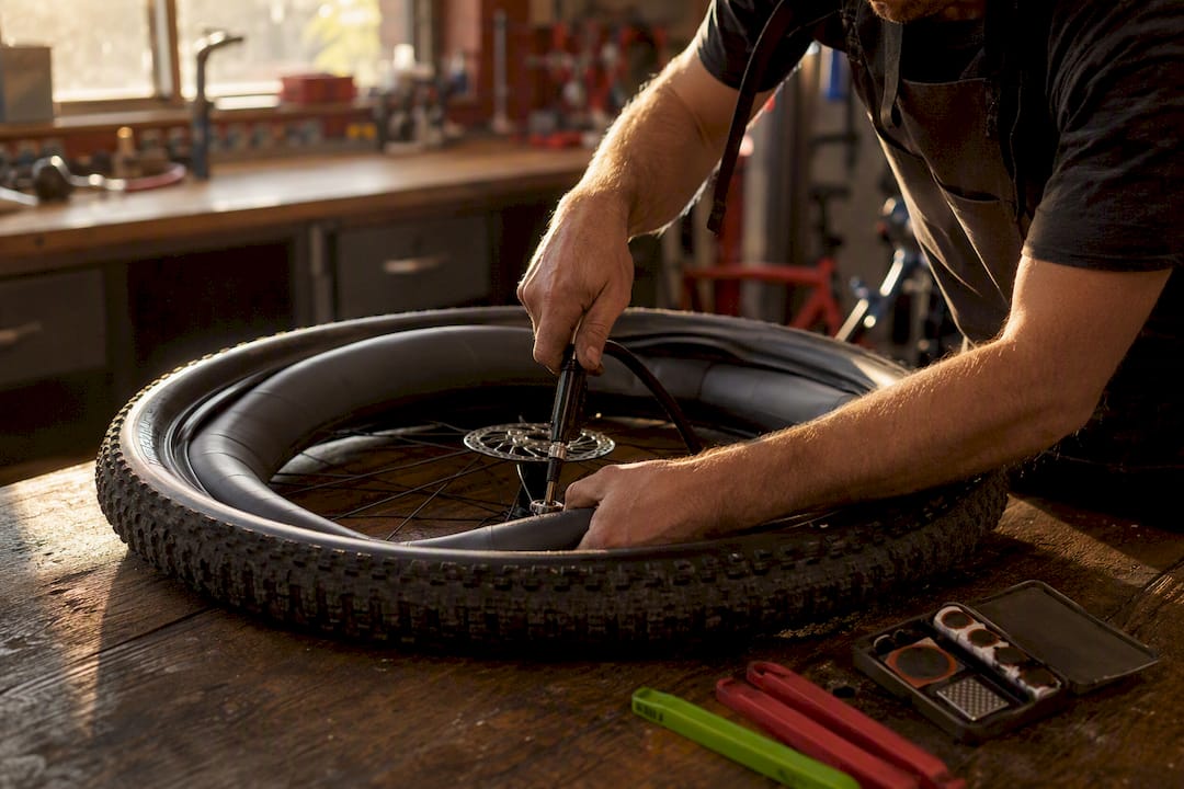 Hands inflating inner tube to seat tire bead