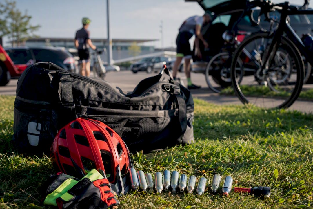 Empty CO2 cartridges packed in cycling travel bag