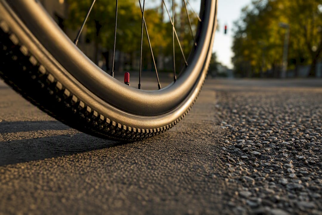 Gravel tire rolling across smooth pavement